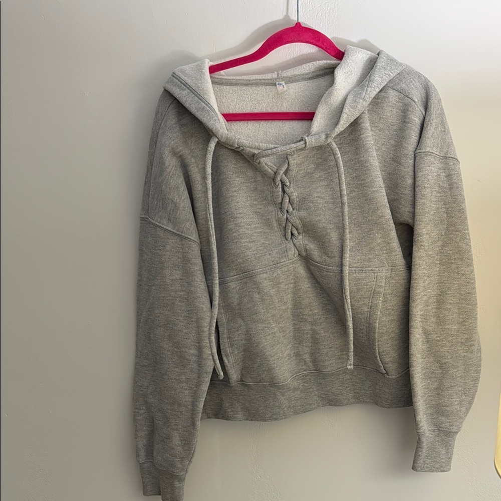 Gray Long Sleeve Tie Front Hoodie